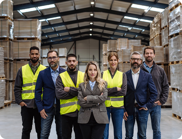 Miembros de Colocar Logistics en un lugar cerrado, atrás hay cajas.
