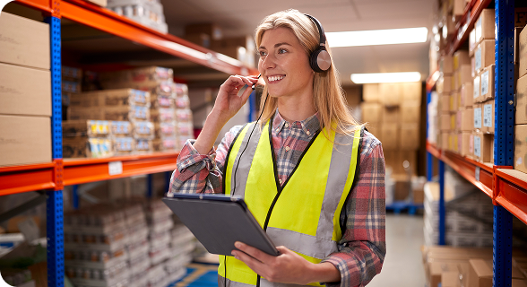 Mujer hablando por micrófono en una bodega. Alrededor hay cargas.